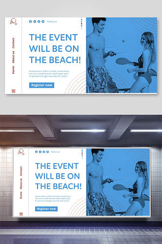 蓝色剪影欧美人简约风乒乓球版式设计海报展板