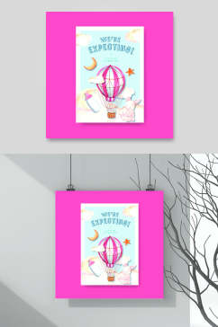 粉色热气球卡通时尚插画海报矢量素材