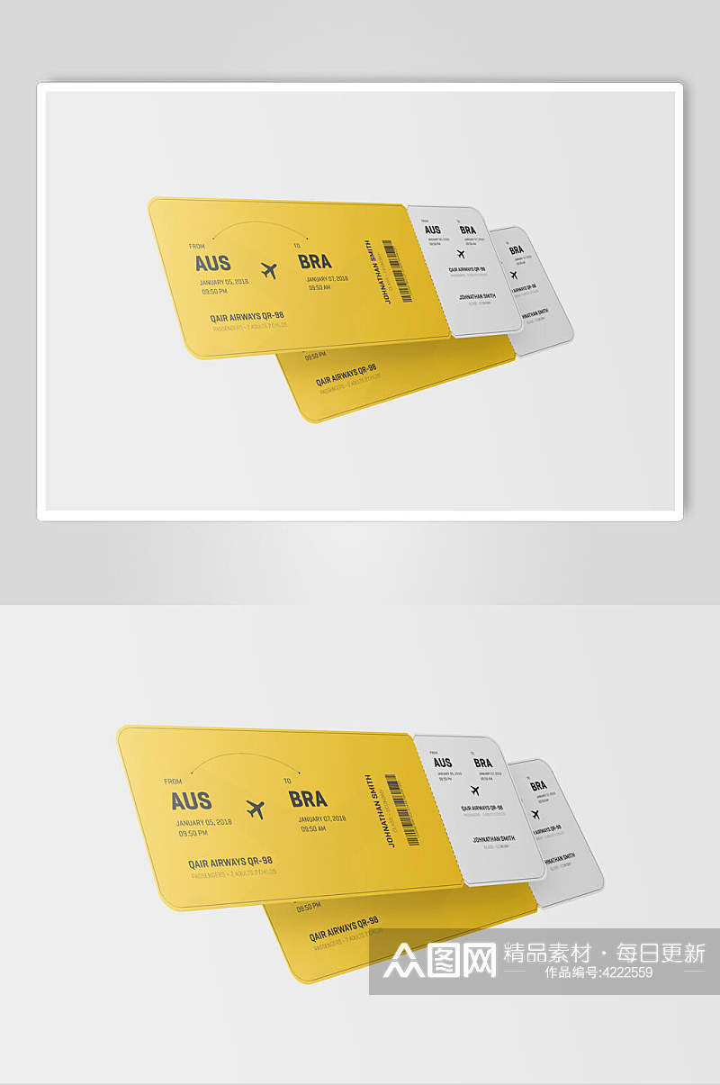 黄色纸张清新飞机票智能贴图样机素材