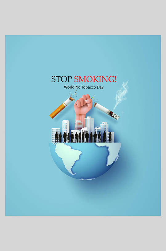 蓝色英文戒烟公益海报