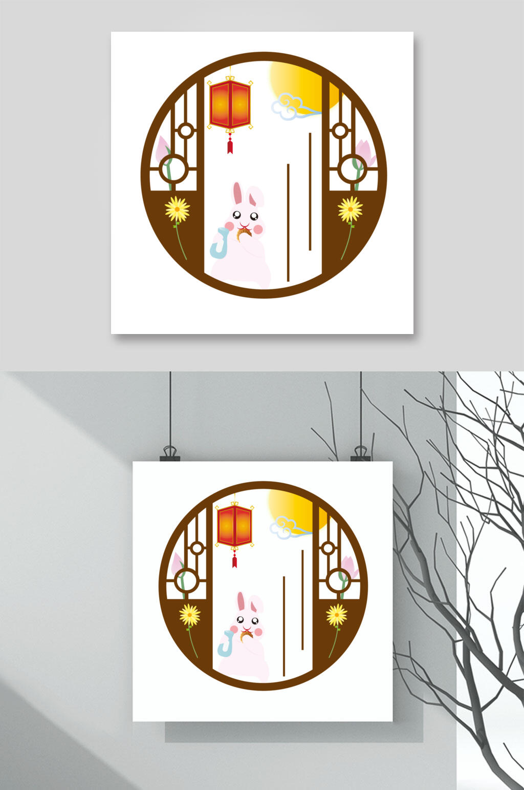 简约灯笼中秋玉兔插画矢量素材素材