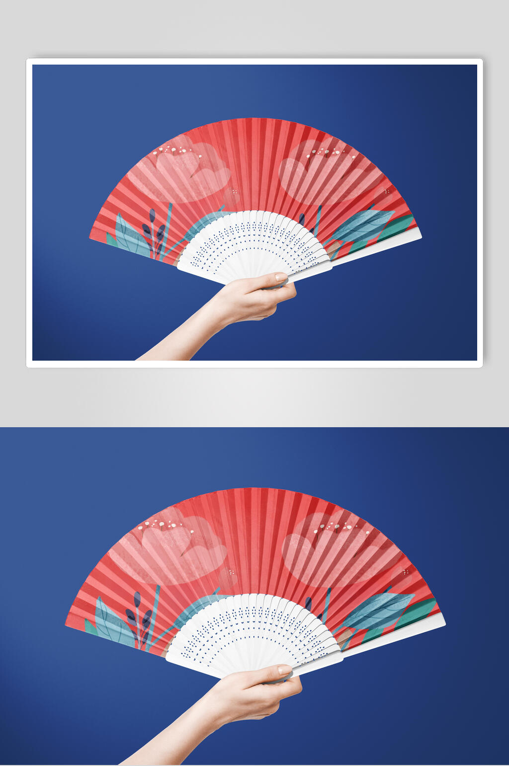 扇子红蓝花朵创意大气手指品牌样机素材