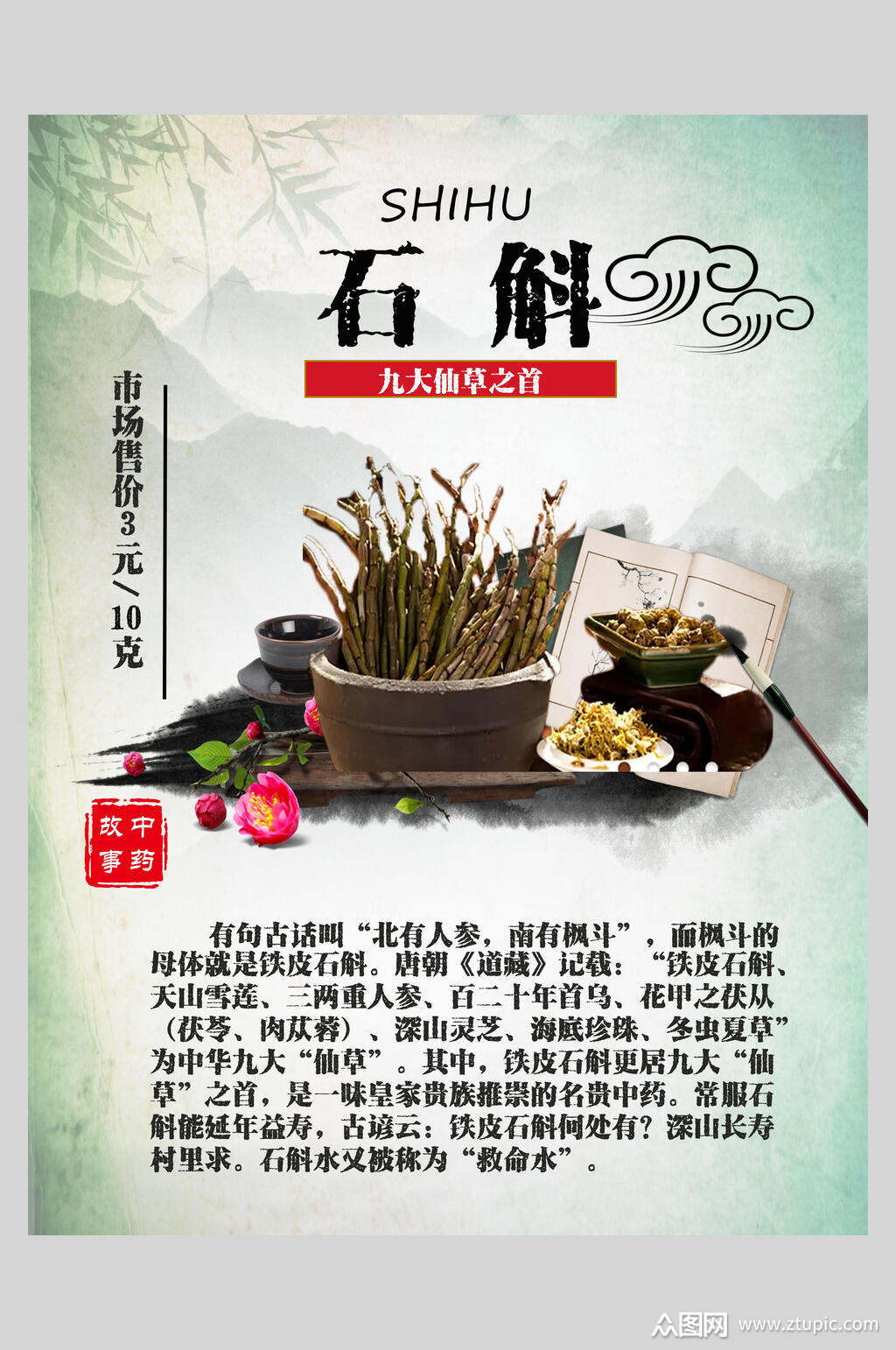 中国风铁皮石斛中药食材海报素材