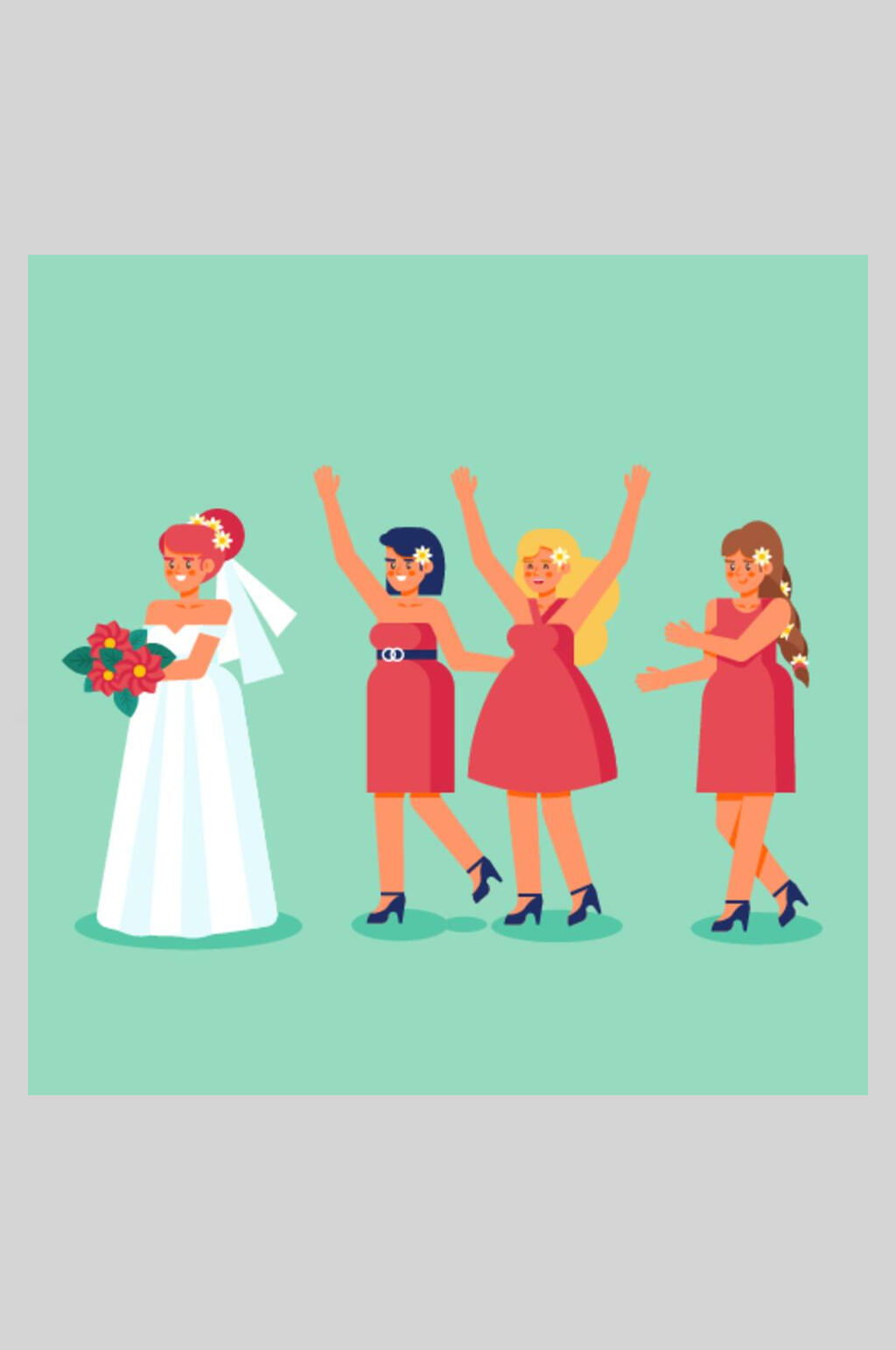手绘卡通简约清新绿新娘伴娘婚礼矢量插画素材