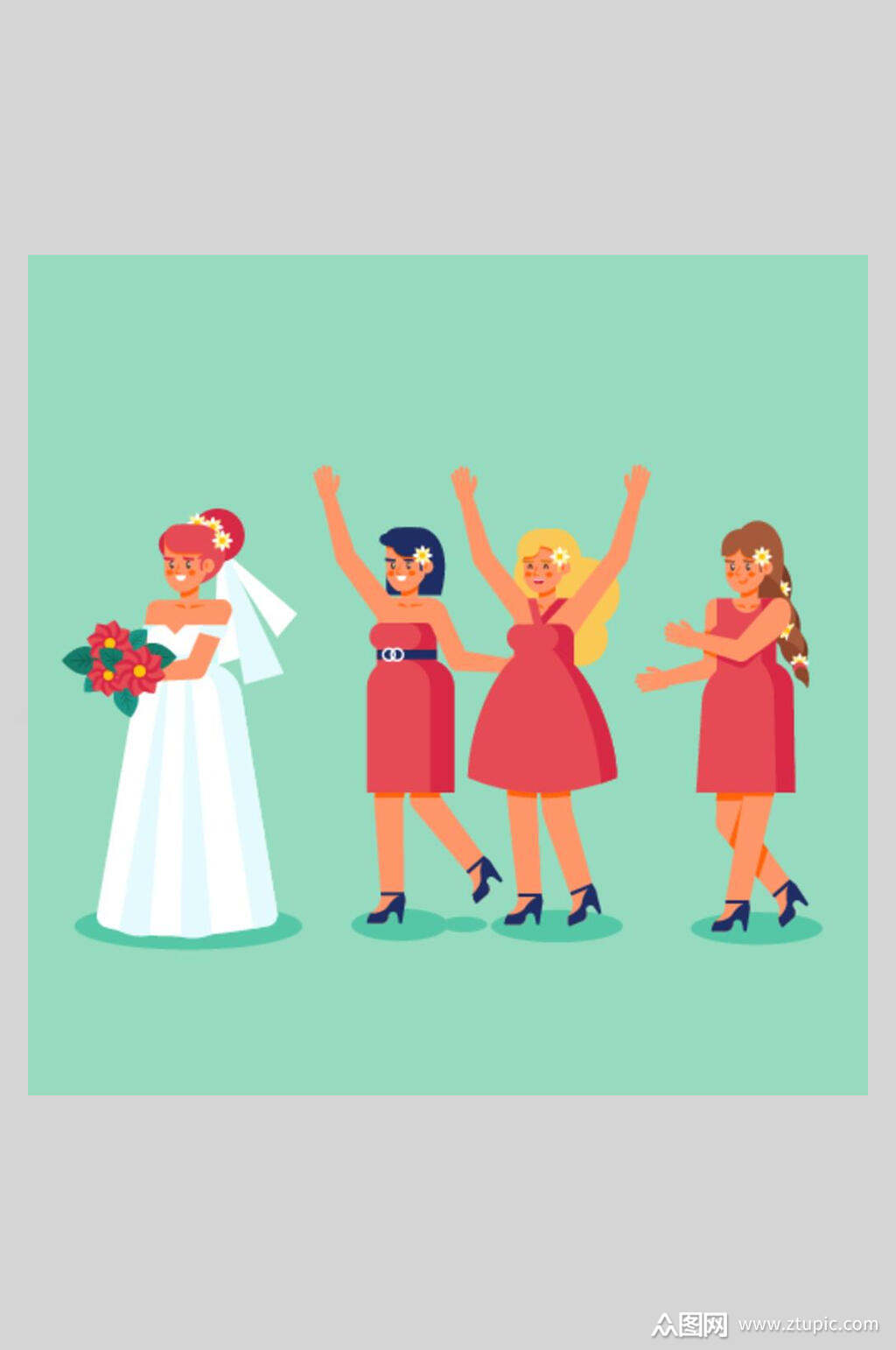 手绘卡通简约清新绿新娘伴娘婚礼矢量插画素材