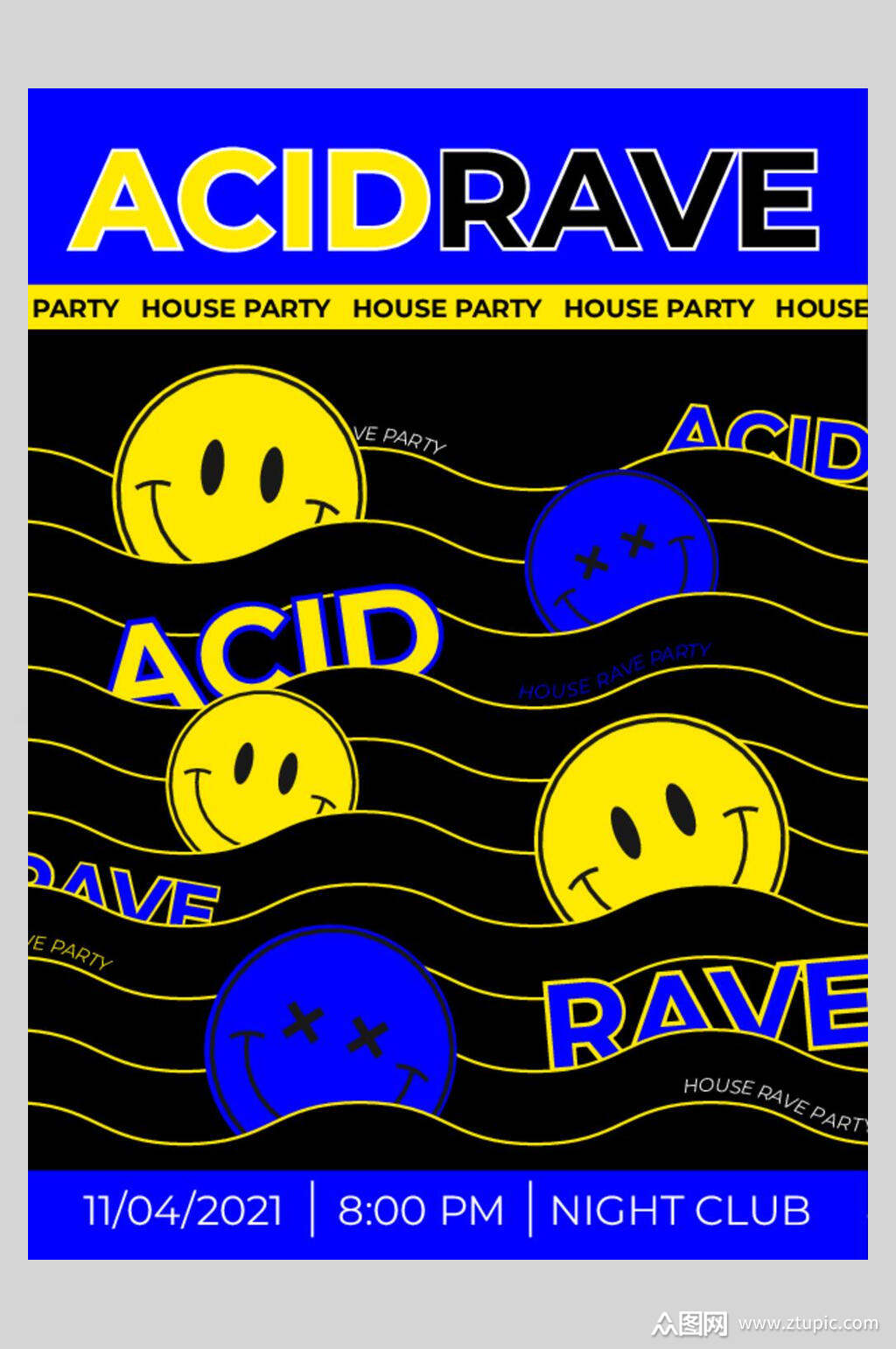 蓝黄波浪酸性笑脸海报素材