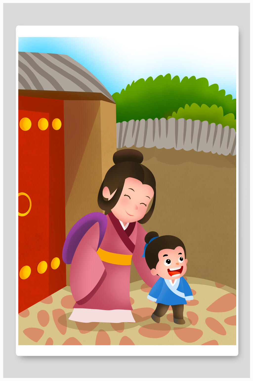 孟母三遷古代成語故事插畫素材