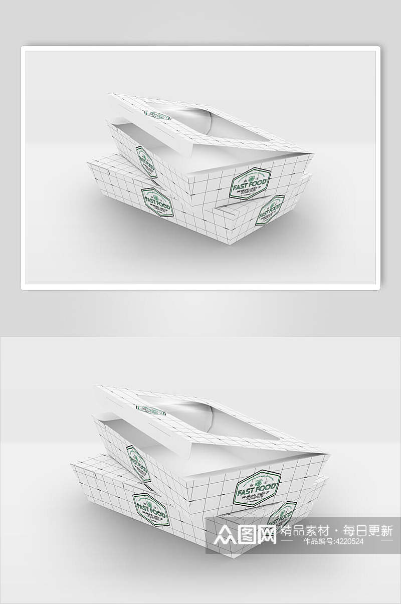 线条绿白清新创意大气快餐包装样机素材