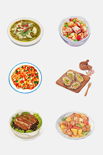 经典美味美食水彩手绘中式菜品免抠素材