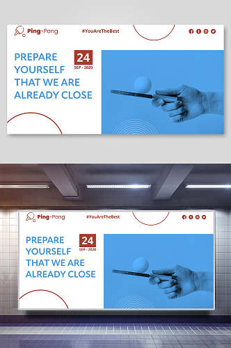 英文蓝色乒乓球版式设计海报展板