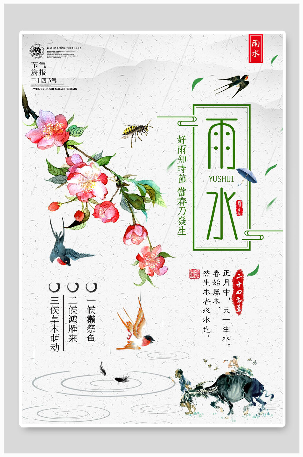 清新花卉雨水传统二十四节气海报素材