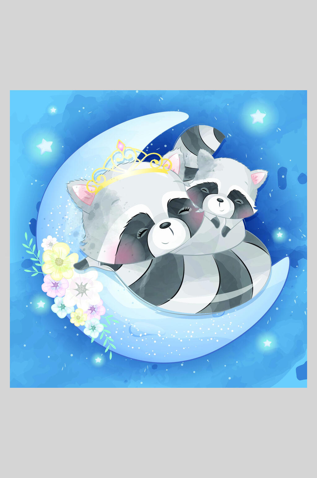 棕熊花朵叶子梦幻蓝水彩卡通动物矢量插画素材