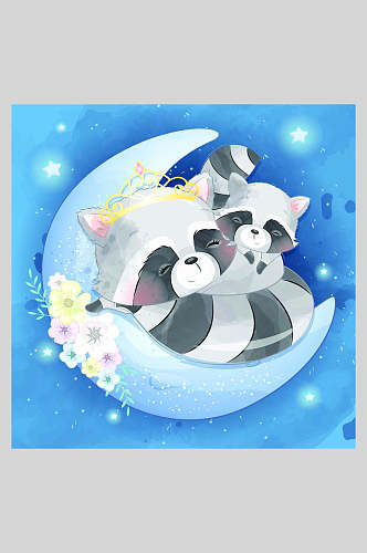 棕熊花朵叶子梦幻蓝水彩卡通动物矢量插画