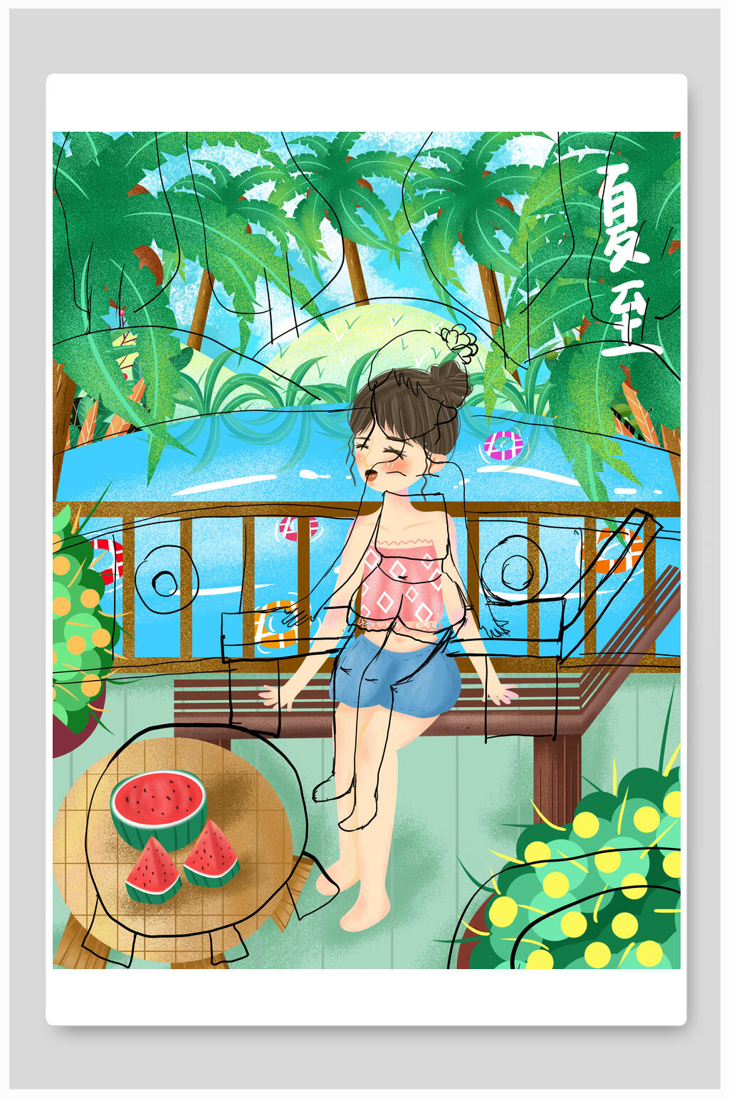 卡通手绘夏至海报素材
