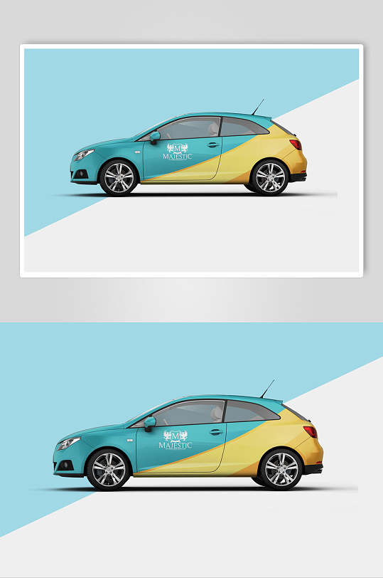 时尚蓝黄汽车清新车身贴纸设计样机