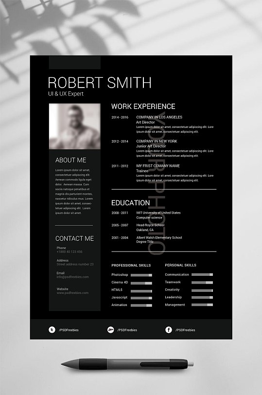 黑色简约英文个人简历PSD模板-众图网