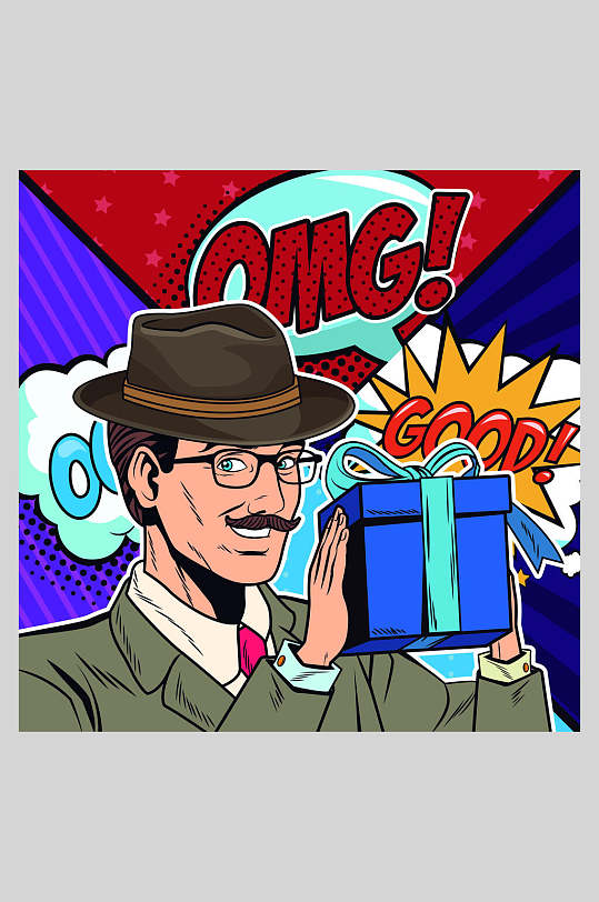 礼盒蝴蝶结英文漫威波普风漫画人物矢量插画