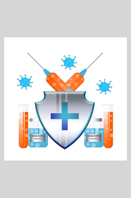 十字盾牌针筒细菌手绘蓝疫苗药品安全插画