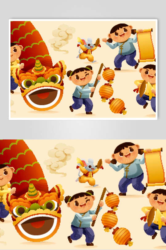 创意高端灯笼传统春节舞龙舞狮插画-众图网