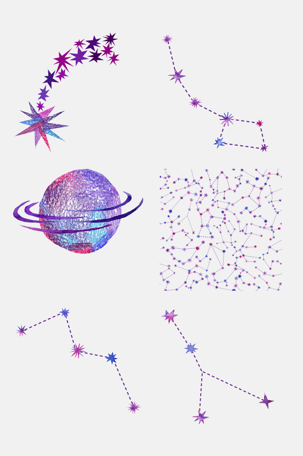 唯美线条水彩紫色梦幻宇宙星球免抠素材素材