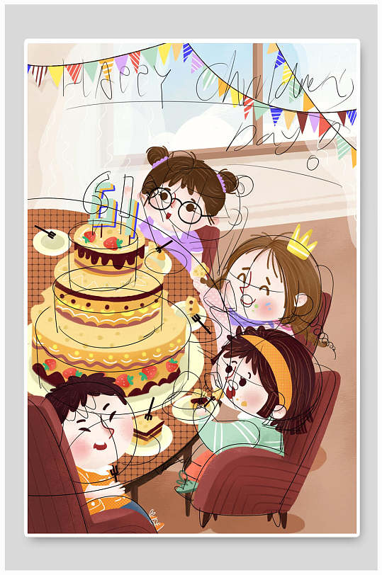 欢乐聚会吃蛋糕六一儿童节插画素材