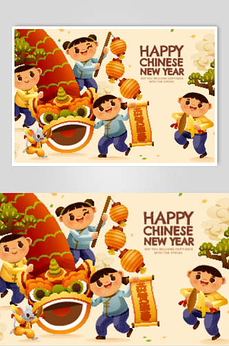 孩童灯笼舞狮英文黄传统春节舞龙舞狮插画