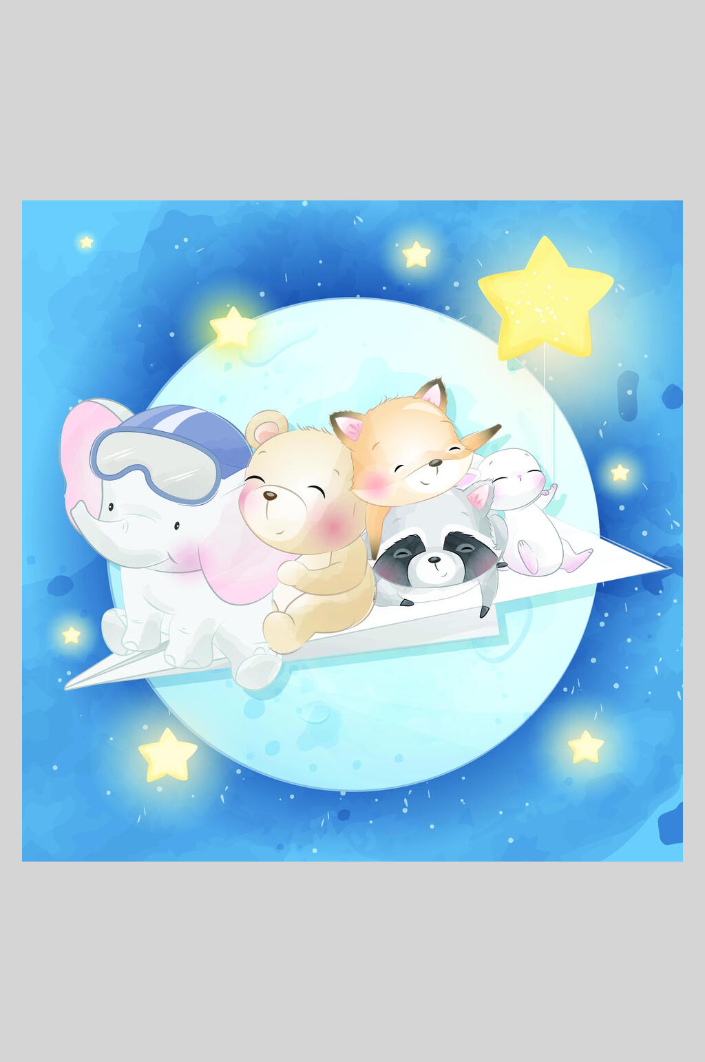 蓝色水彩卡通动物矢量插画素材