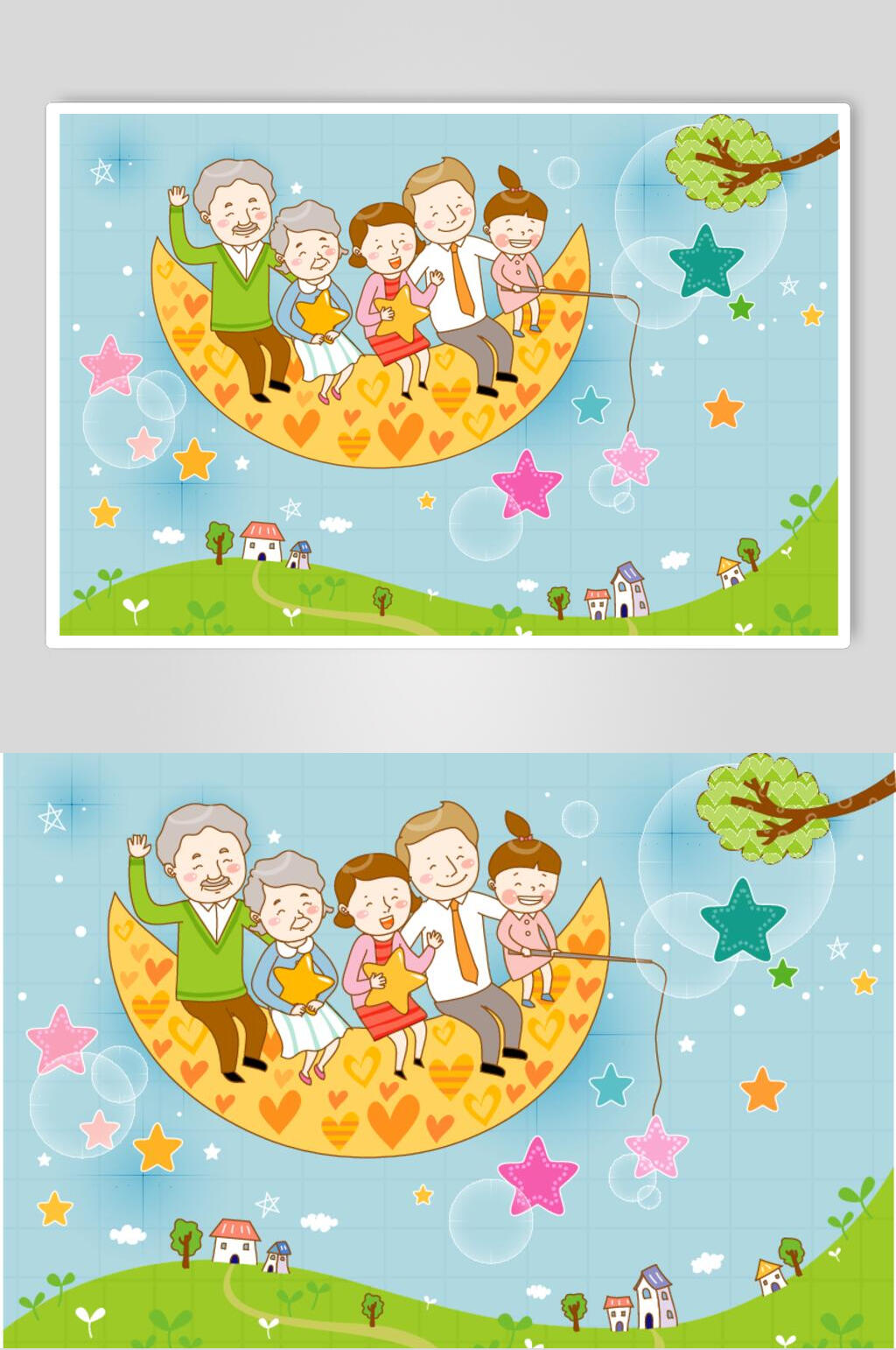 小清新星星月亮卡通家庭插画素材