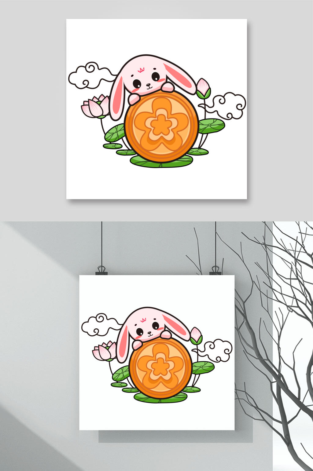 中秋可爱玉兔月饼插画矢量素材素材