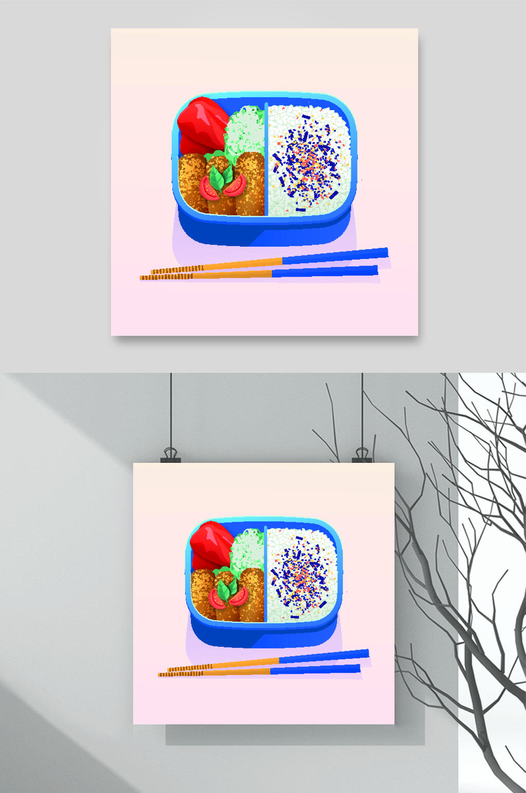 饭盒蓝色美食插画矢量素材素材