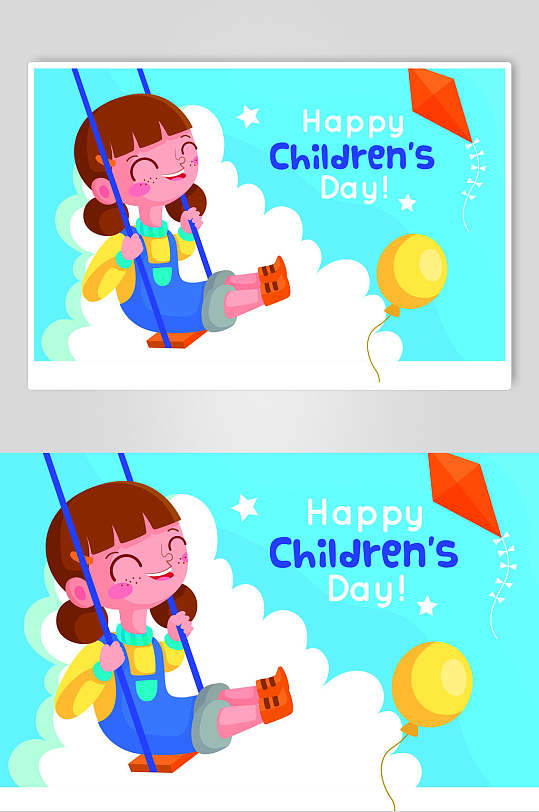 荡秋千女孩气球云朵英文可爱儿童节矢量插画