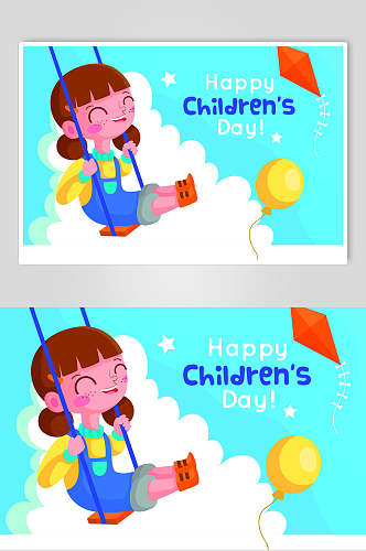荡秋千女孩气球云朵英文可爱儿童节矢量插画