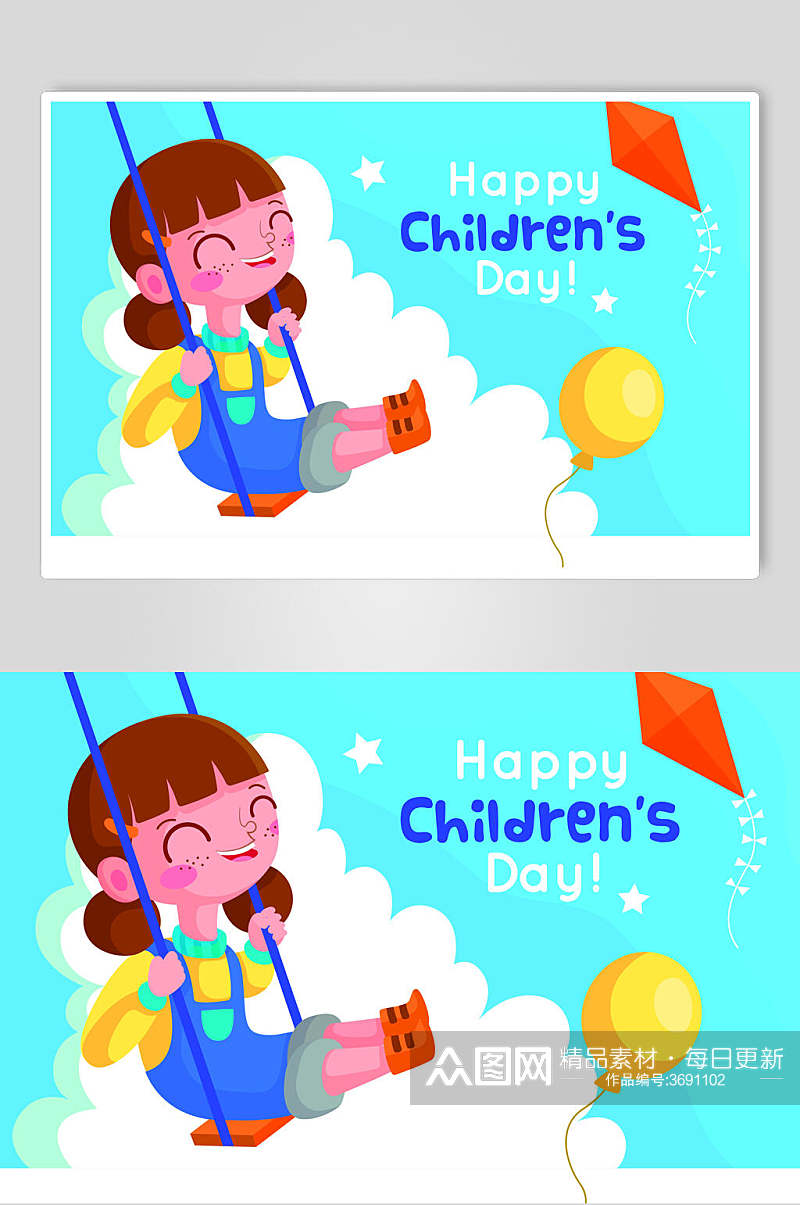 荡秋千女孩气球云朵英文可爱儿童节矢量插画素材