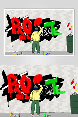 喷漆简约时尚红黑绿色男孩背影街头嘻哈插画