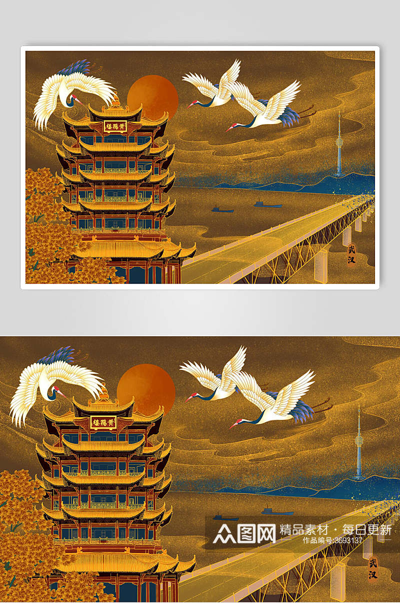 创意古典仙鹤中式建筑国潮插画素材