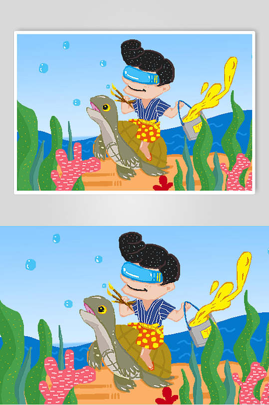 乌龟海草简约手绘可爱卡通蓝街头嘻哈插画