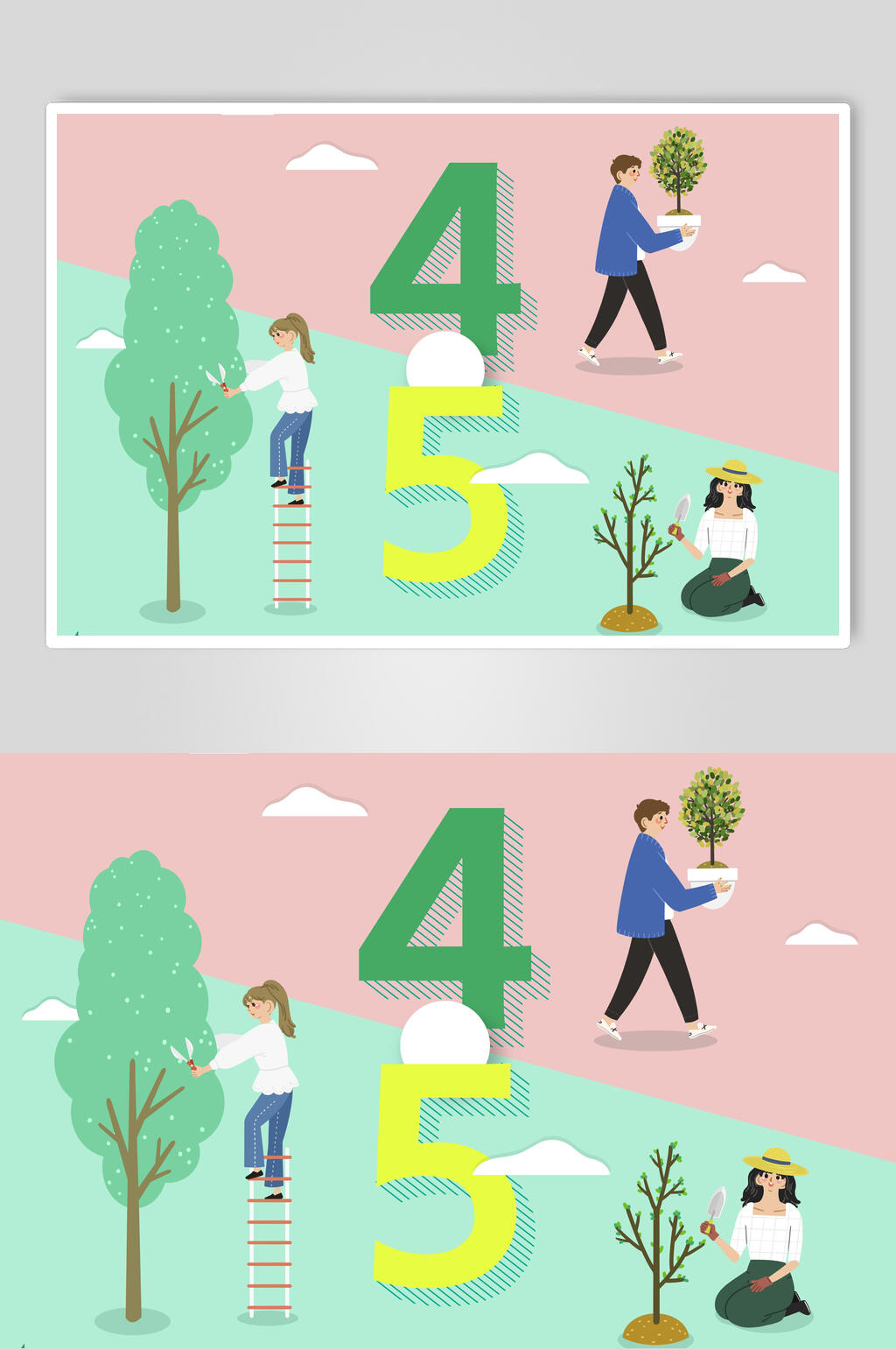 小清新植树春季风景插画素材