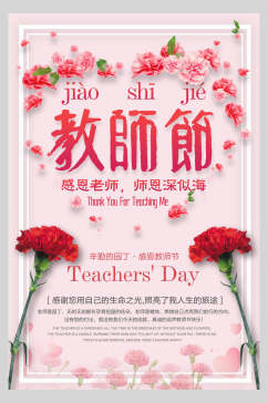 红色康乃馨感恩教师节海报