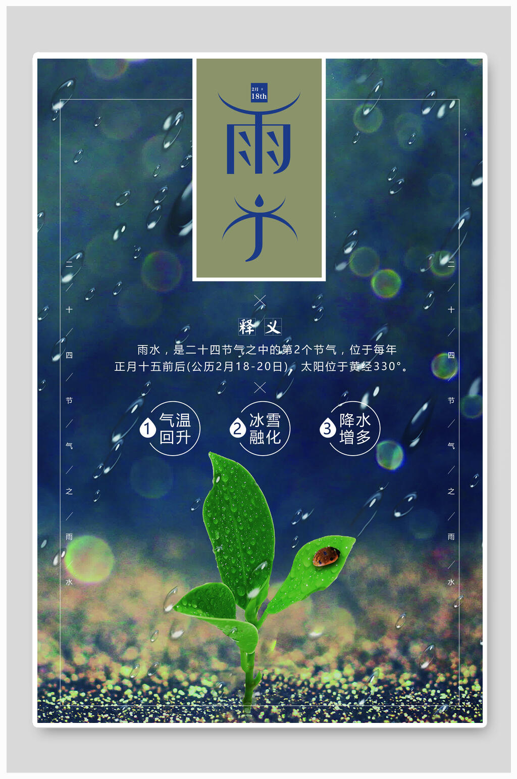 蓝色大气雨水二十四节气宣传海报素材