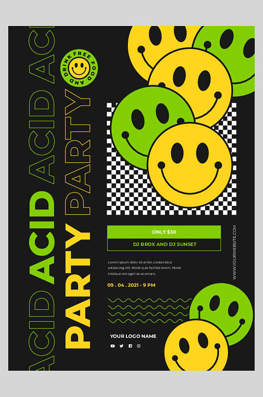 黄绿色酸性笑脸海报