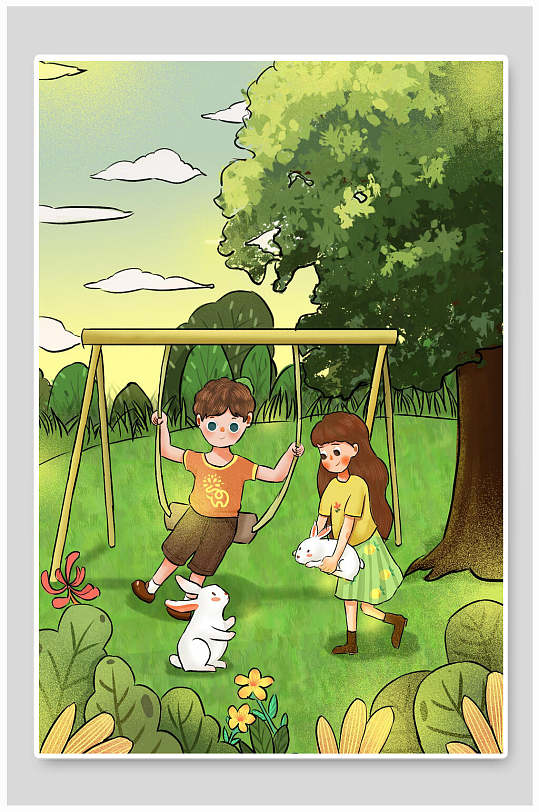 郊外踏青六一儿童节插画素材