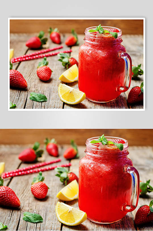 柠檬草莓鲜榨水果汁摄影图片叁