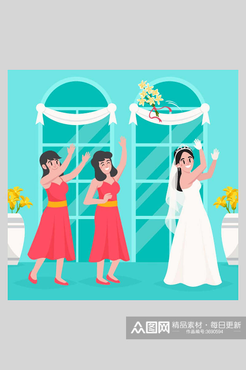 长裙花朵窗户黄蓝色新娘伴娘婚礼矢量插画素材