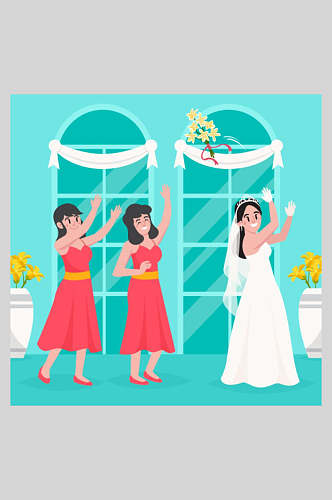 长裙花朵窗户黄蓝色新娘伴娘婚礼矢量插画