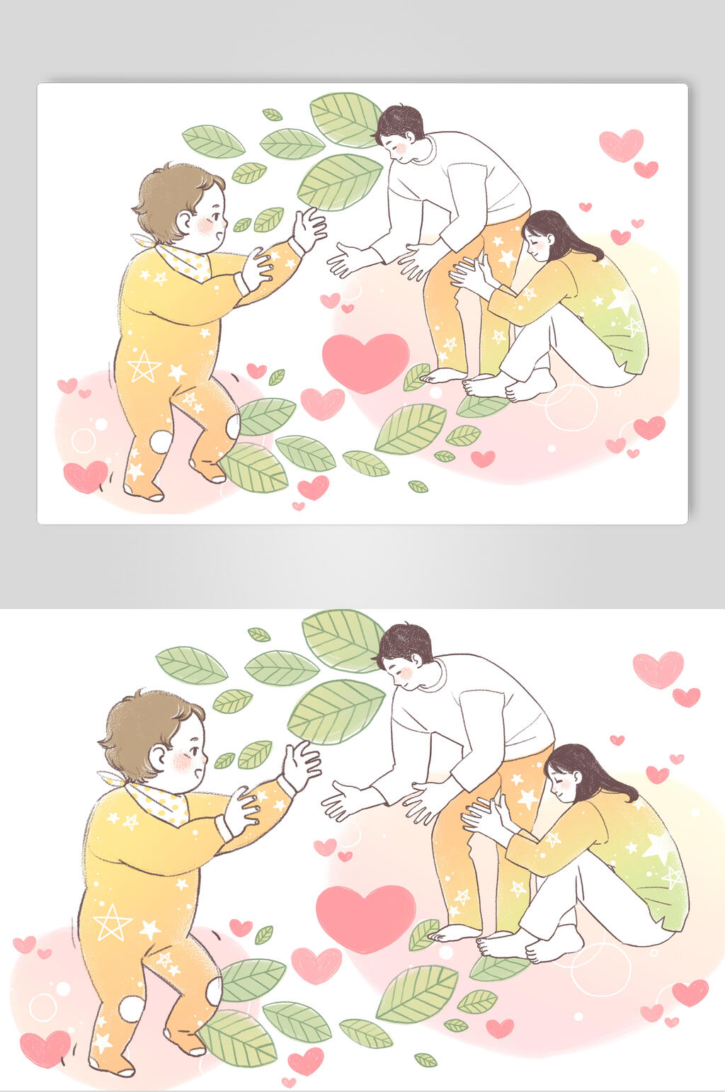 绿叶手绘亲子儿童家庭插画素材素材