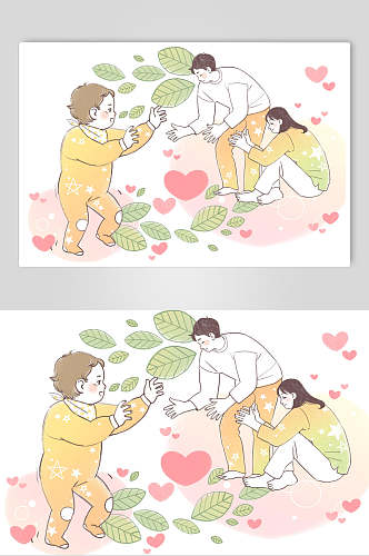 绿叶手绘亲子儿童家庭插画素材