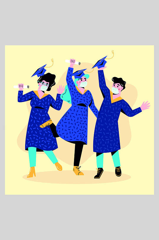 蓝色连衣裙可爱毕业季学士帽矢量插画素材
