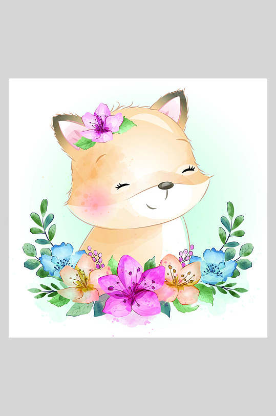 创意大气花朵水彩卡通动物矢量插画