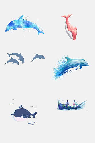 简约海洋鲨鱼鲸鱼海豚免抠素材