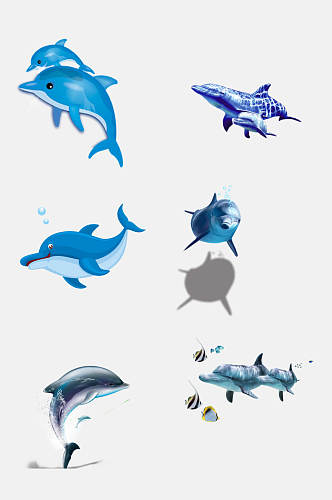 蓝色海洋鲨鱼鲸鱼海豚免抠素材